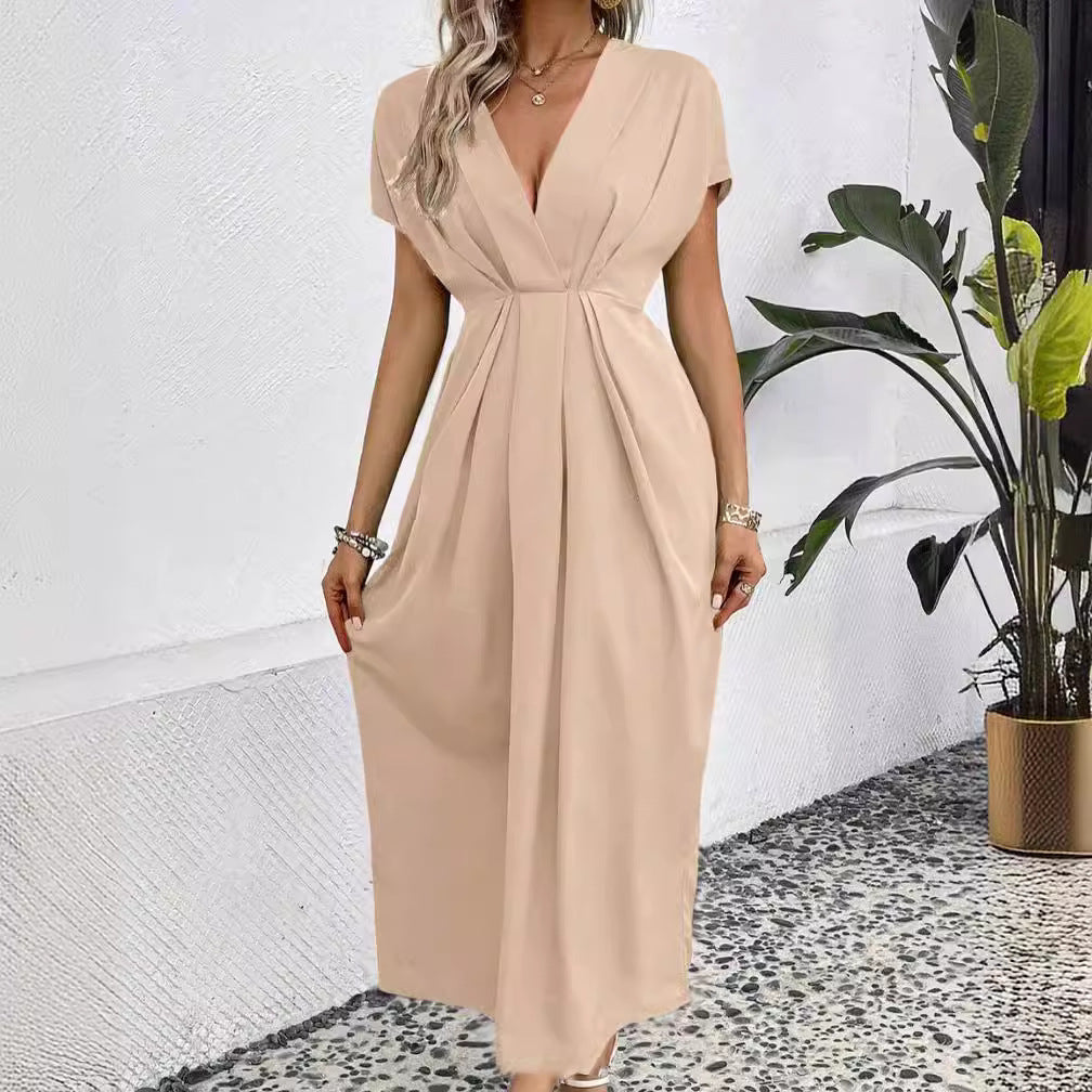 Uni-Farbe V-Ausschnitt Kleid