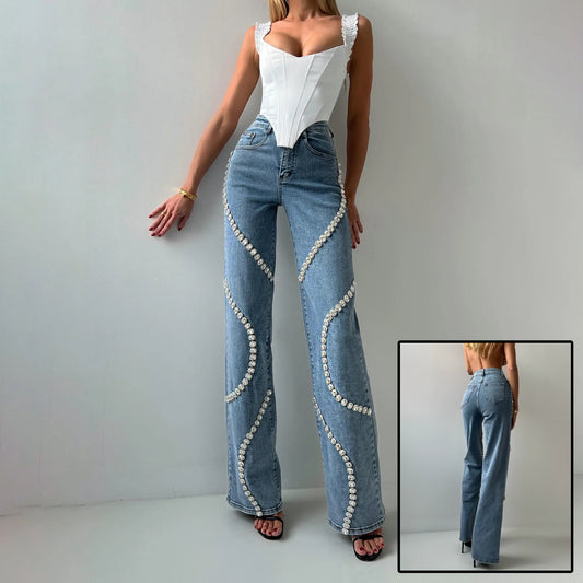 Lässige Gerade geschnittene Jeans mit Strasssteinen-Modische Damenhose