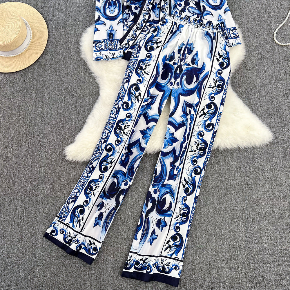 Damenmode Gerade Hose aus Matel-Seidenstoff in Blau