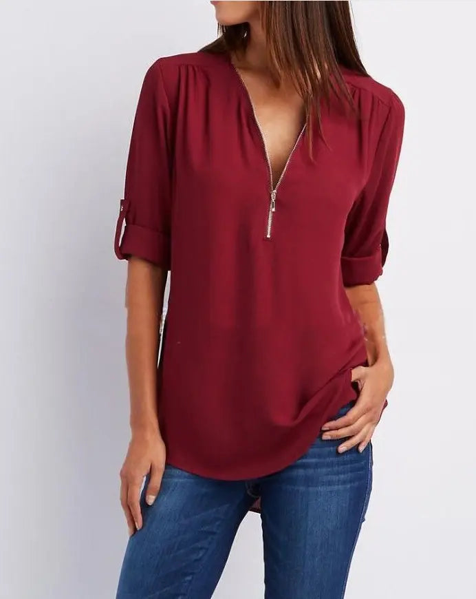 Kurzhemd mit Frauen mit Zipper und V -Flick -Lose Top