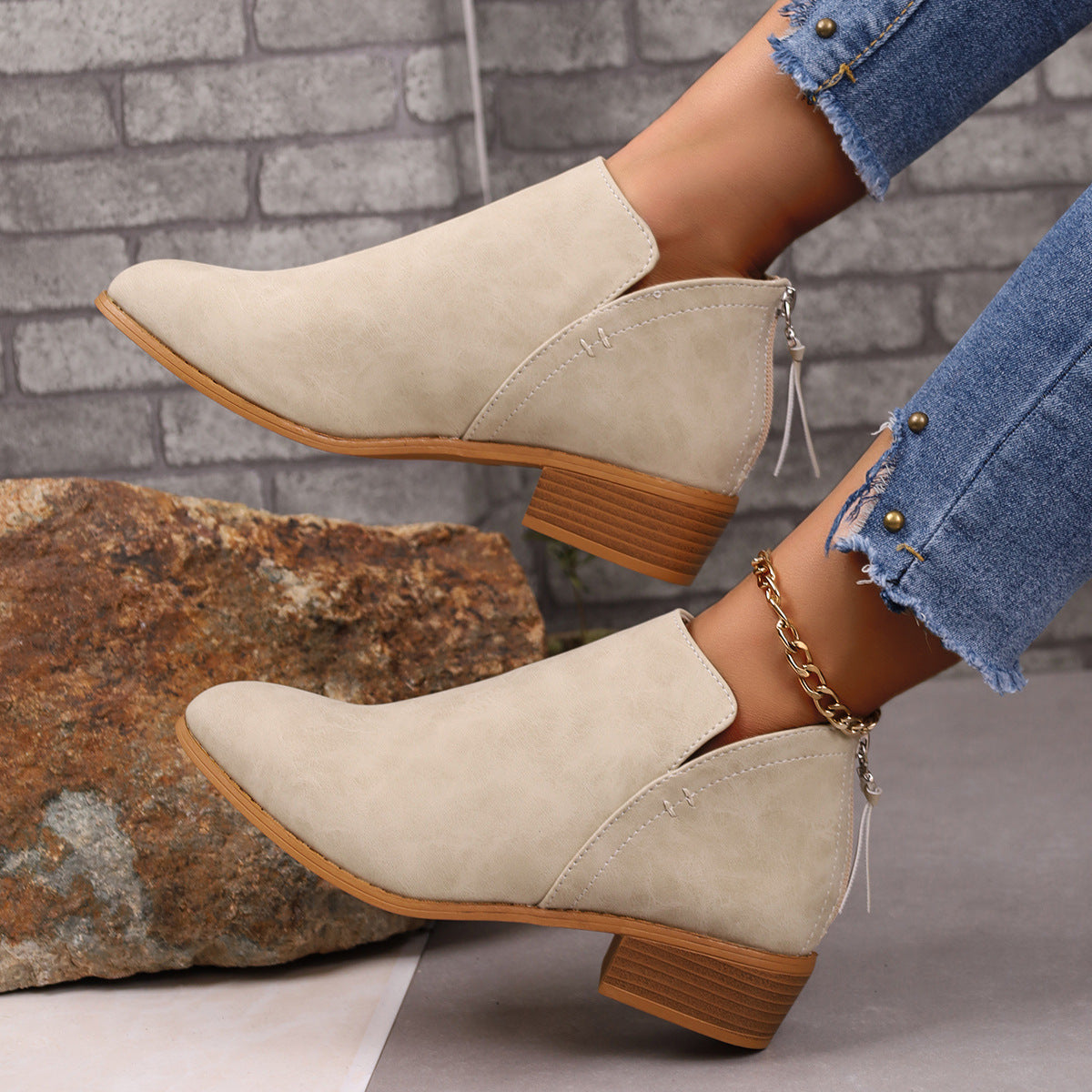 Klobige Ferse V-Schnitt Stiefeletten für Frauen