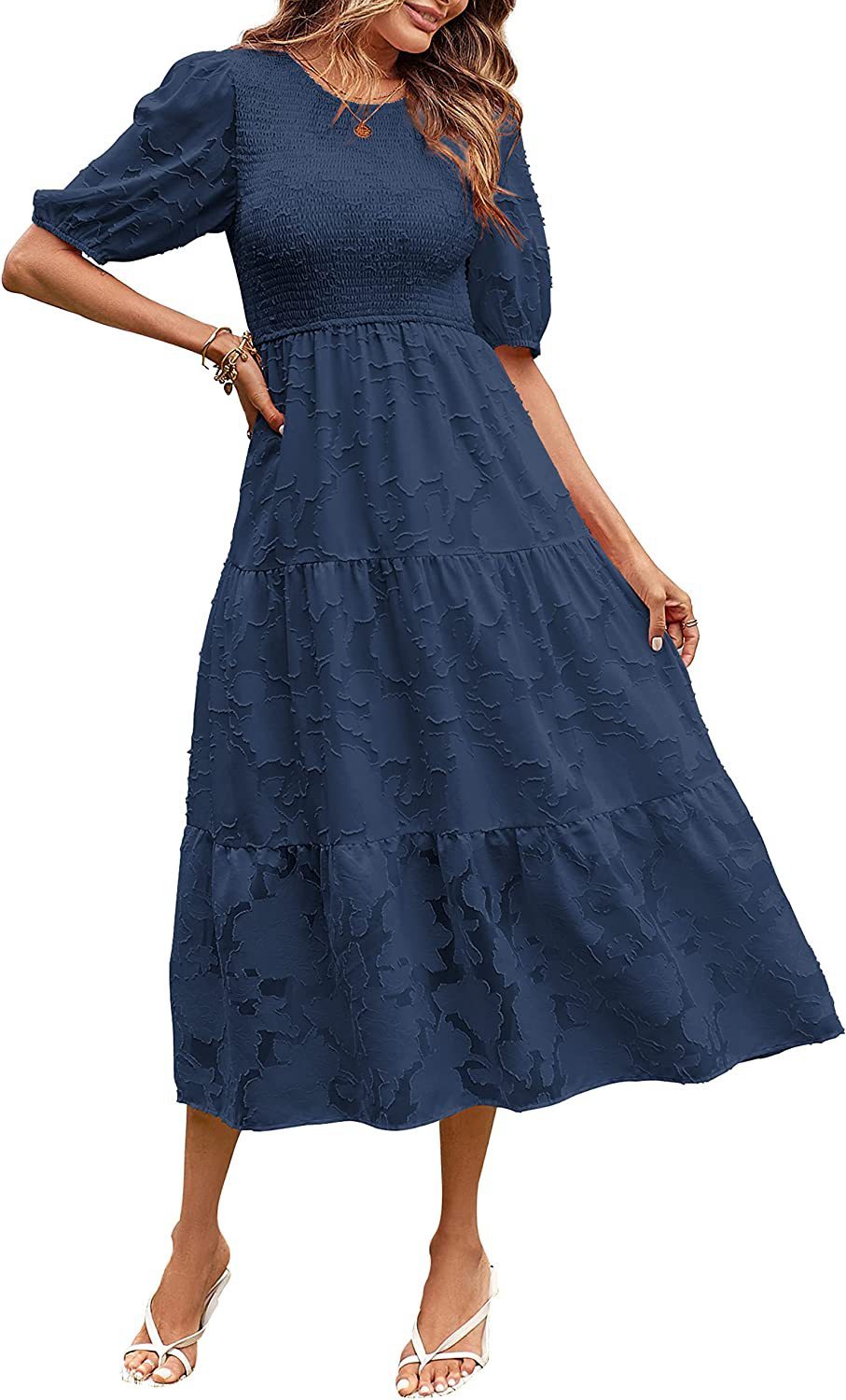 Gefältetes Ballonärmel-Lagenblumenkleid