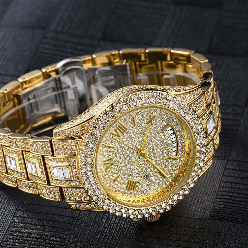 Modische High-End-Doppelkalender-Business-Uhr mit Voll-Diamant-Quarz