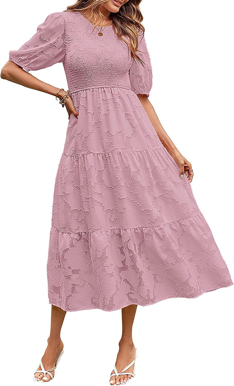 Gefältetes Ballonärmel-Lagenblumenkleid