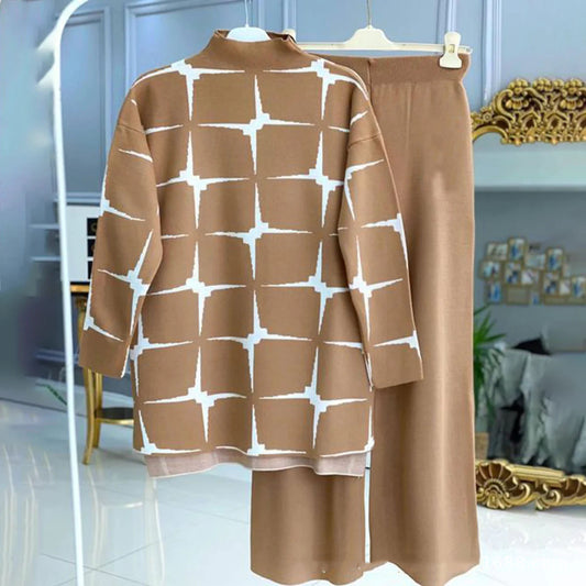Damen Langarm Rundhals-Mantel und Leggings im bedruckten Zweiteiliges Set