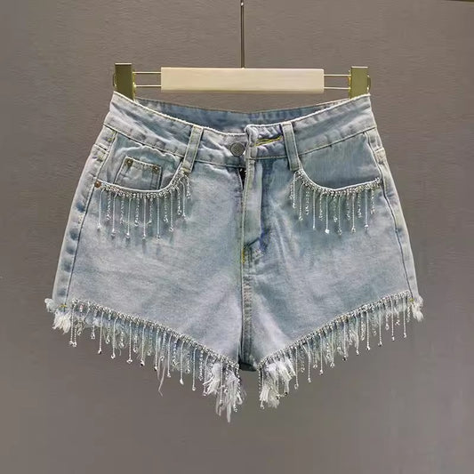 Strass-Tassel-Jeansshorts mit hoher Taille