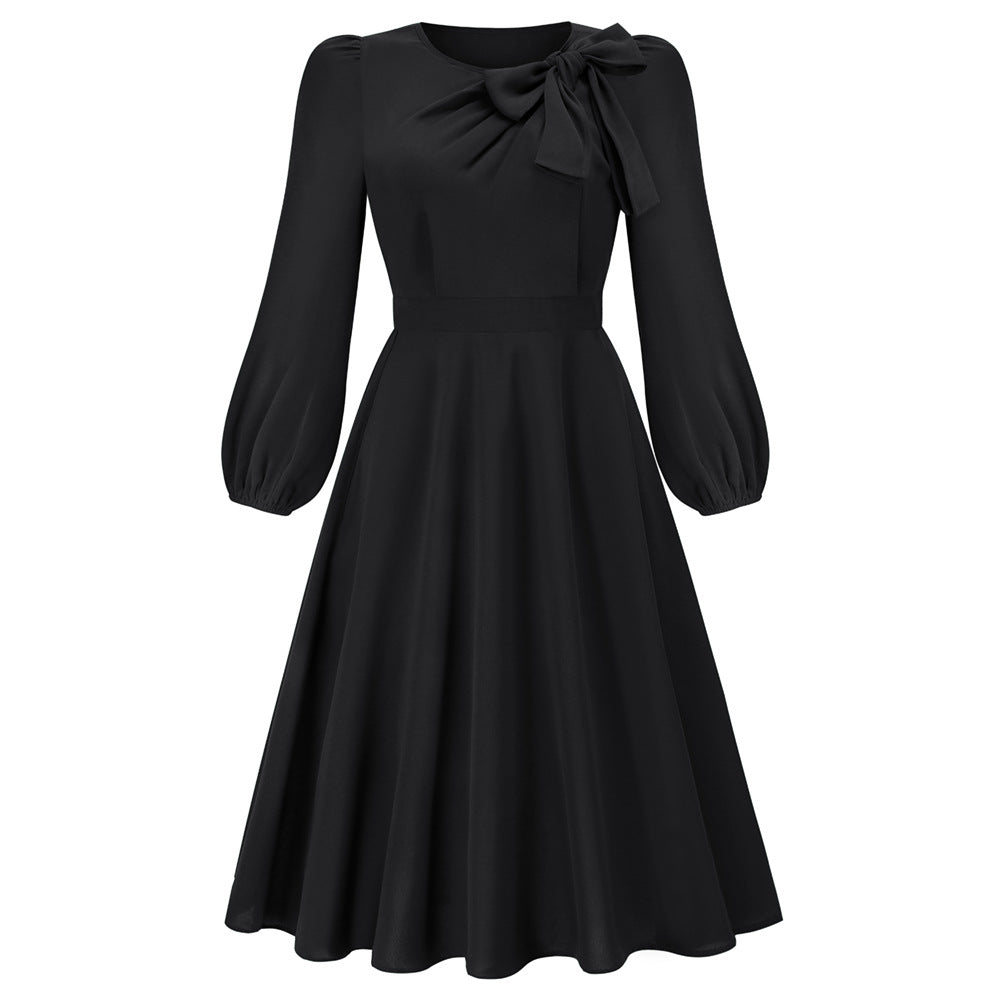 Herbst- und Winterkleid mit langen Ärmeln, Rundhalsausschnitt und Schleife