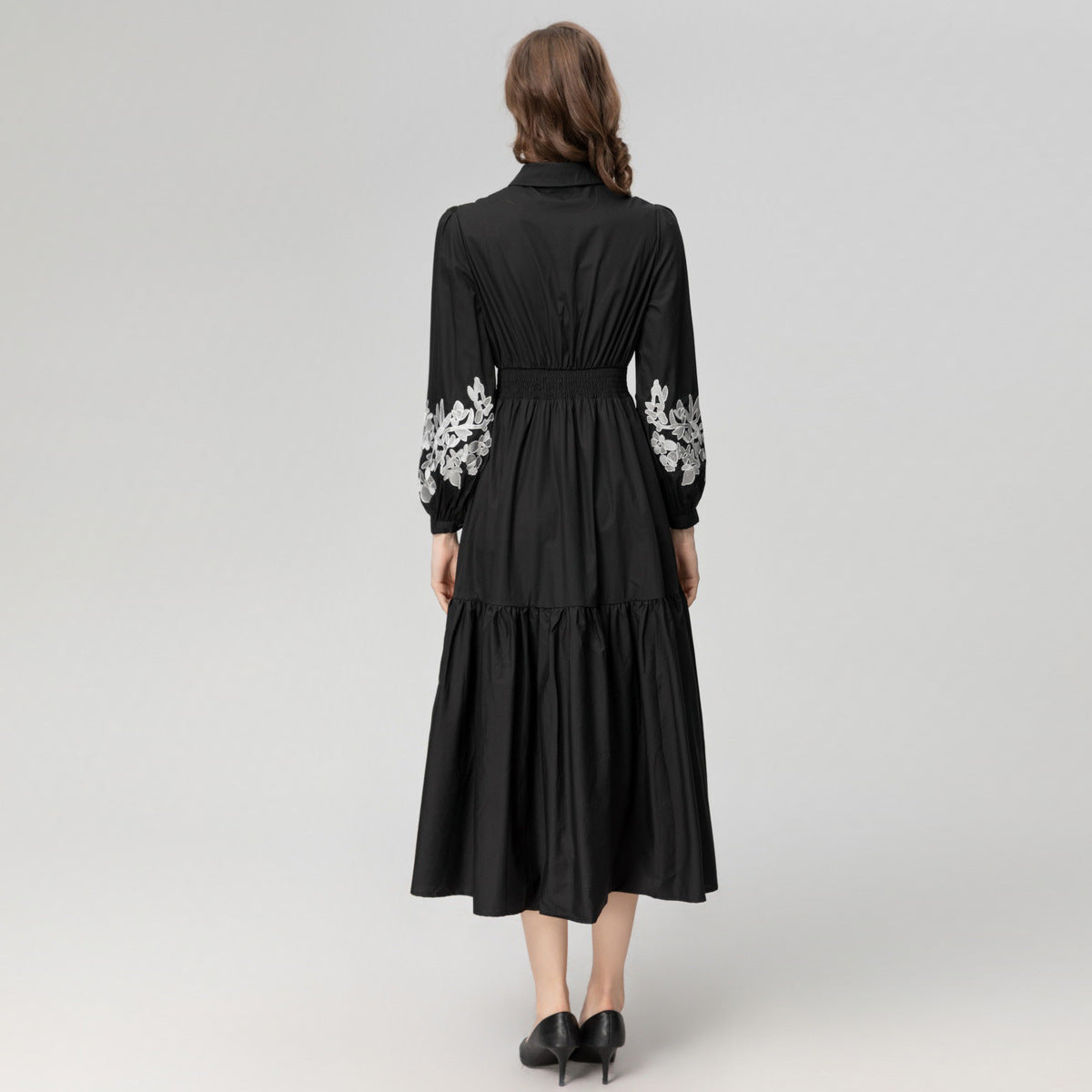 Baumwollstickerei Revers Elastische Taille Langarm Kleid
