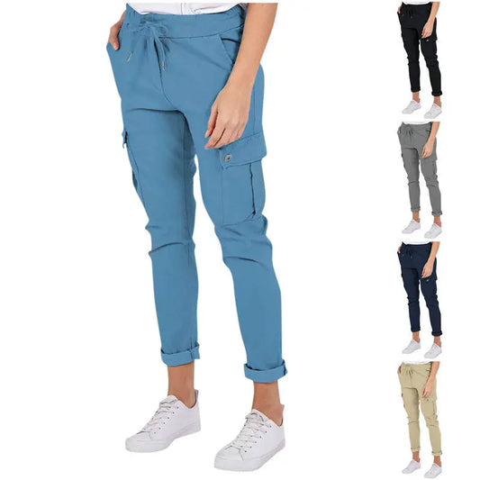 Lässige Cargo-Hose mit Taschen, einfarbig, mit Tunnelzug am Bund, Bleistifthose für Frauen