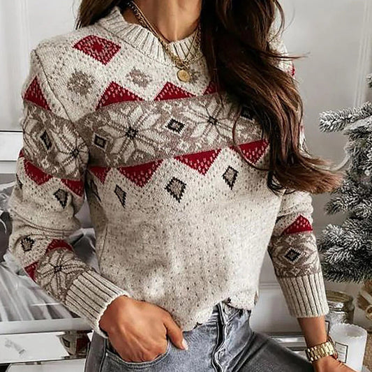 Damen Pullover mit geometrischem Rautenmuster und kontrastierenden Farben, warm