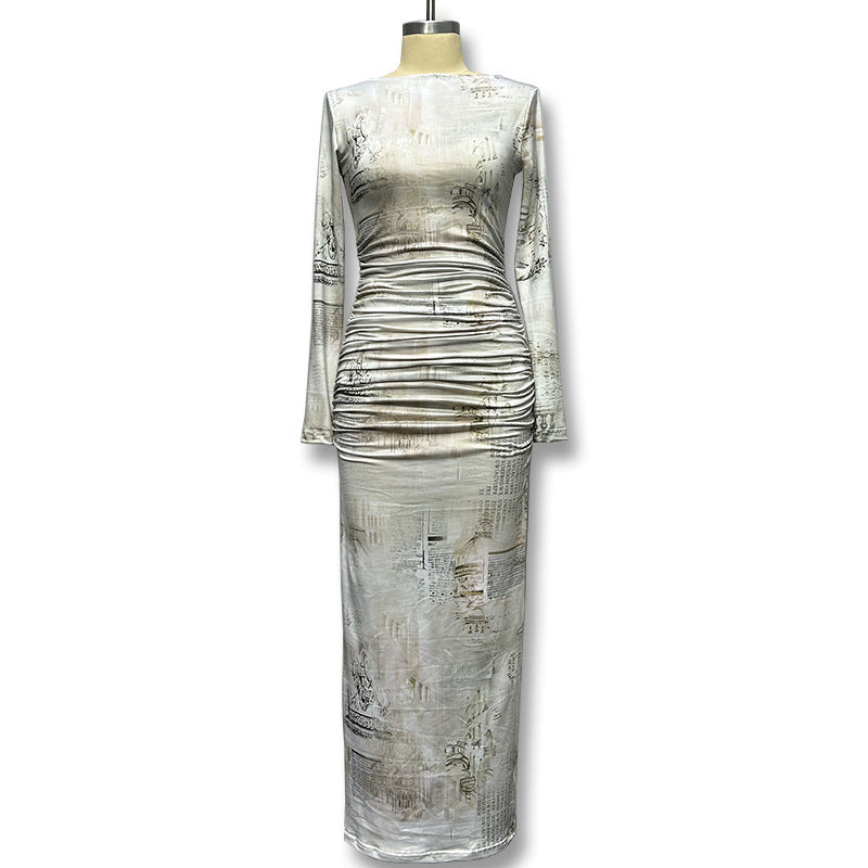 Damen Bedrucktes Langarm Rundhals Enges Kleid