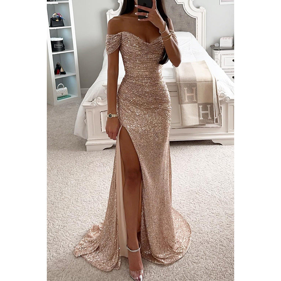 Party Pailletten Off-Neck-Split-Kleid