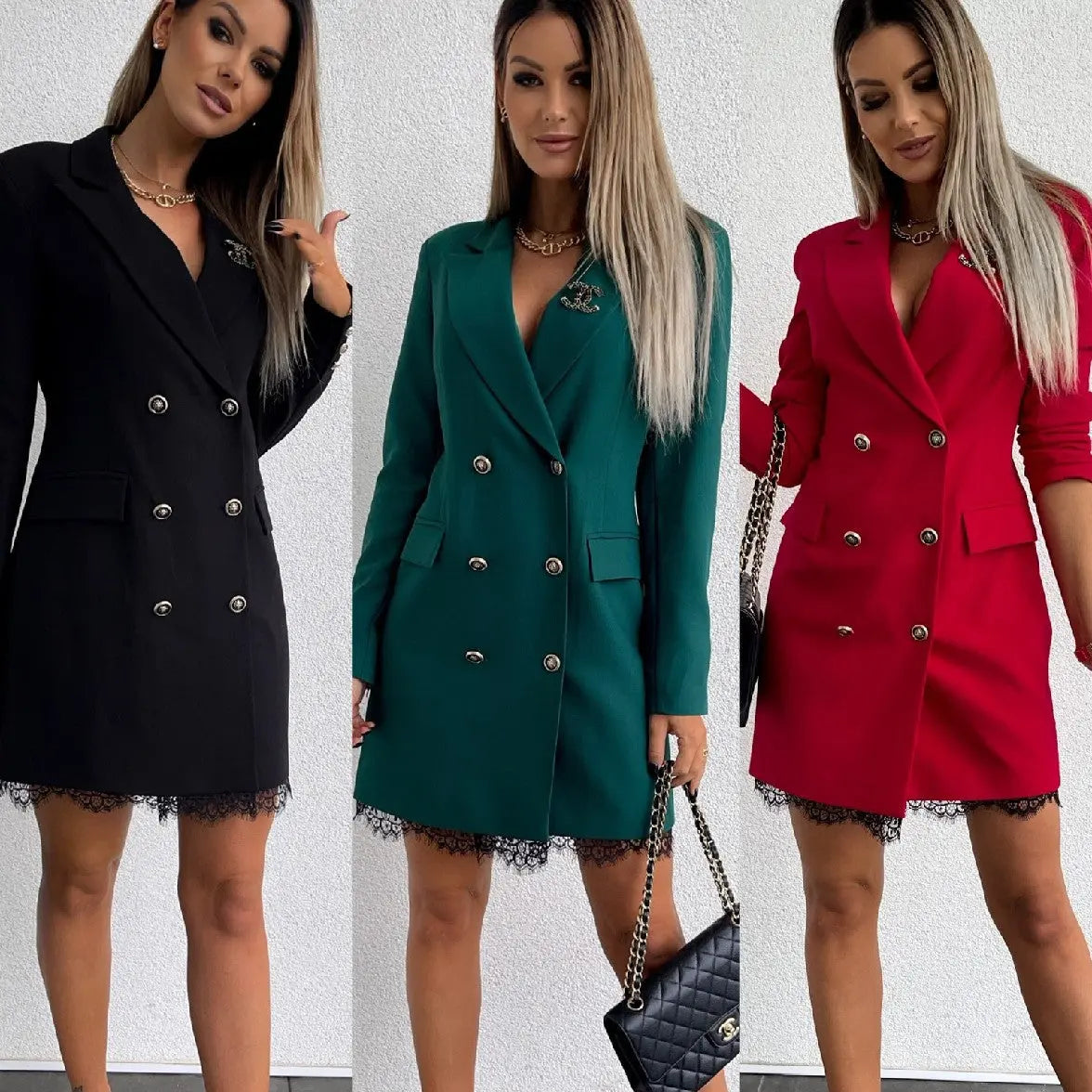 Doppelreihiges Spitzenanzugkleid, knielanges Kleid