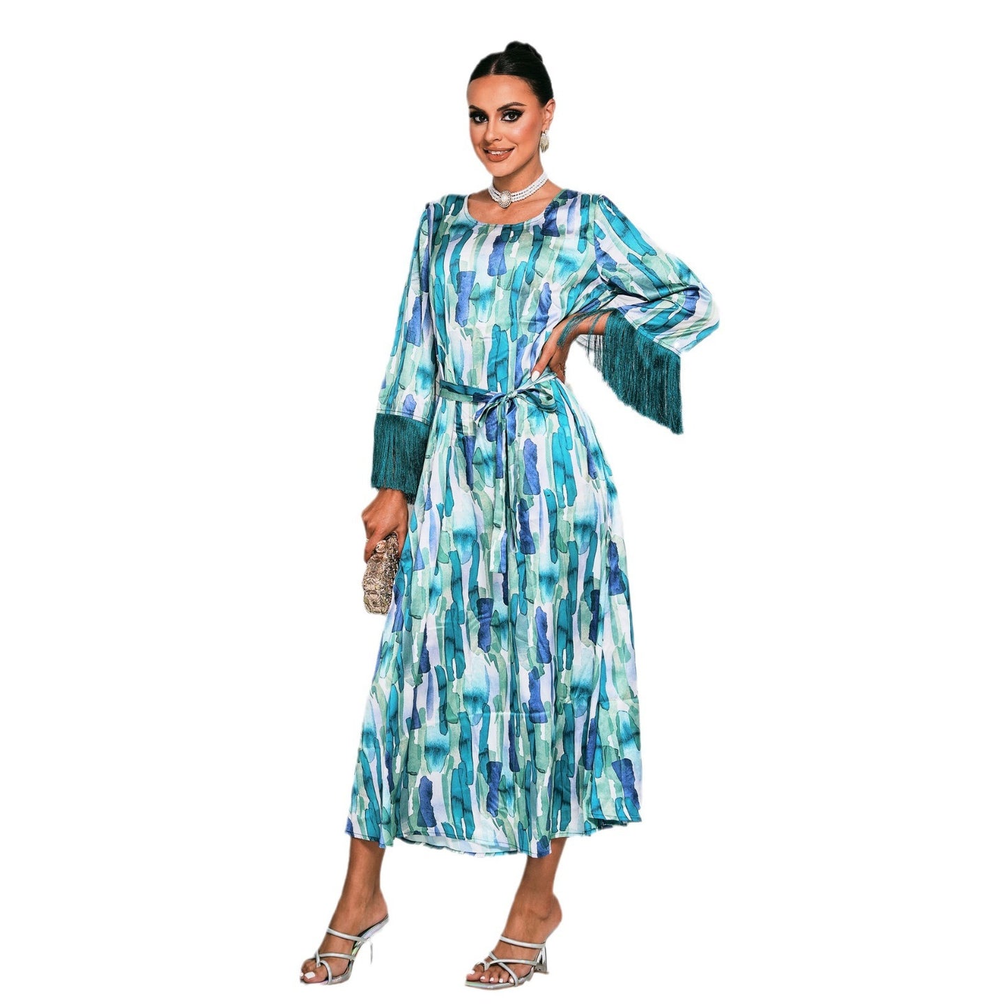 Langärmeliges, gemustertes Muslim-Arab-Kleid mit Taillenbetonung