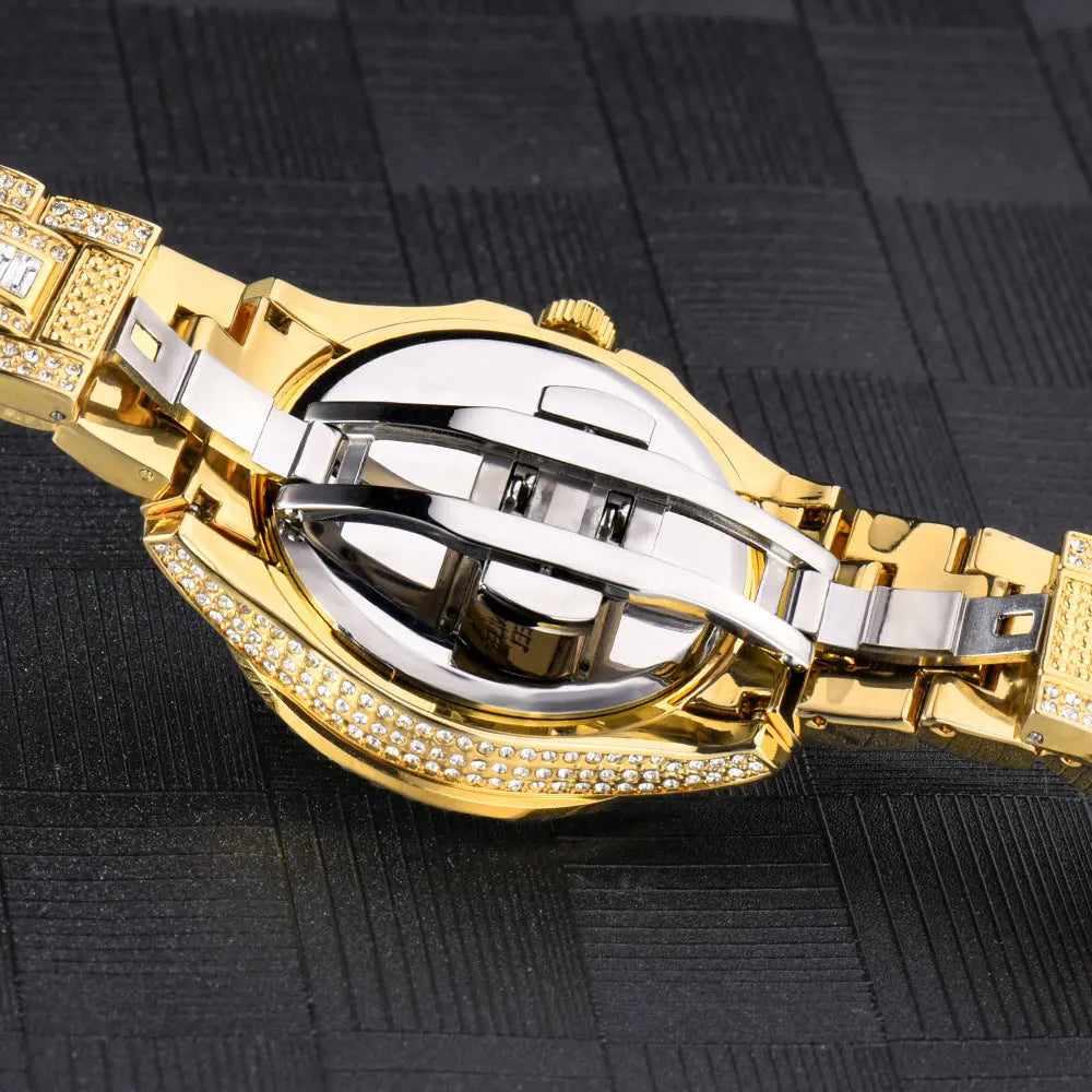 Modische High-End-Doppelkalender-Business-Uhr mit Voll-Diamant-Quarz