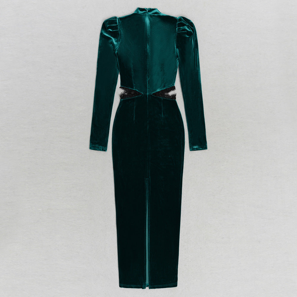 Langärmliges Hohlvelvet-Bubble-Kleid