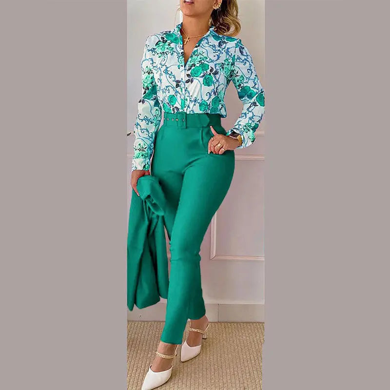 Elegantes Bedrucktes Hosen- und Langarm-Oberteil-Set für Damen