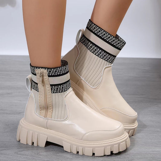 Modische Mid-Tube-Stiefel mit Reißverschluss und Strick-Patchwork für Damen