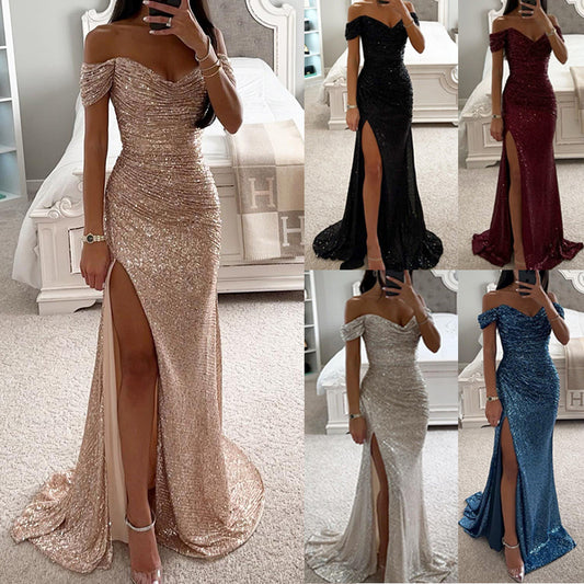 Party Pailletten Off-Neck-Split-Kleid