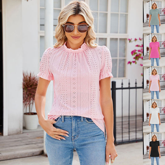 Sommerliches Rundhals-Top mit Puffärmeln und Hohlmuster - Damen T-Shirt