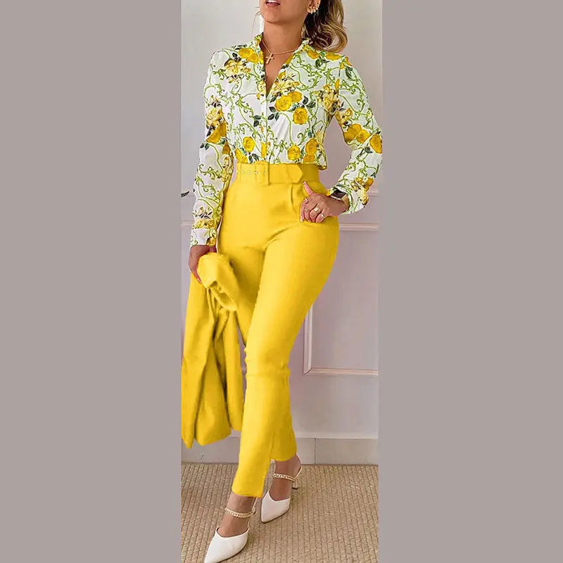 Elegantes Bedrucktes Hosen- und Langarm-Oberteil-Set für Damen