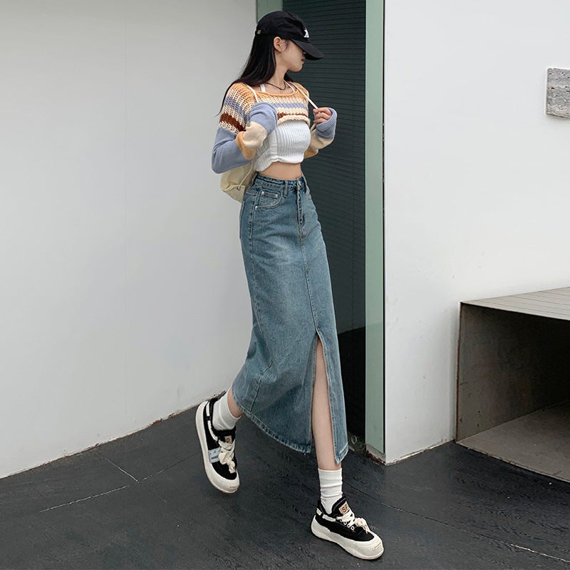Denim Midi-Rock Damen Hohe Taille Locker Gespalten