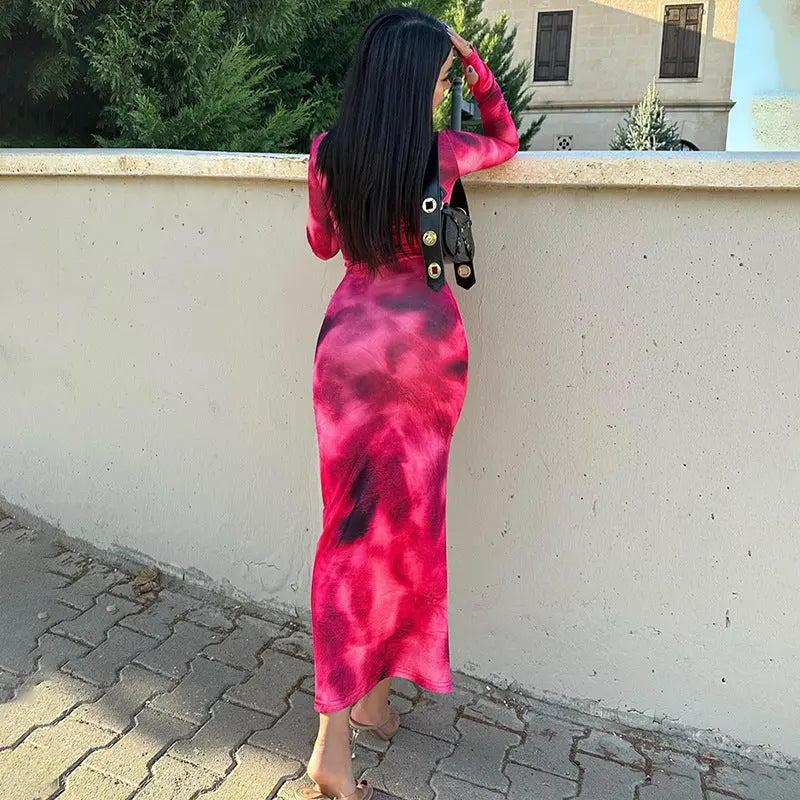 Modisches Tie-Dye Langarmkleid: Schlank geschnittenes, hüftbetontes Kleid für Damen