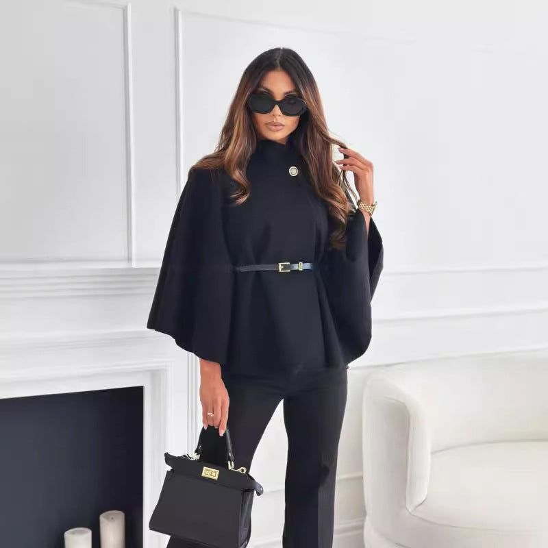 Damen Cape mit Stehkragen und Gürtel – Modischer Wollpullover-Stil - FashionGlam