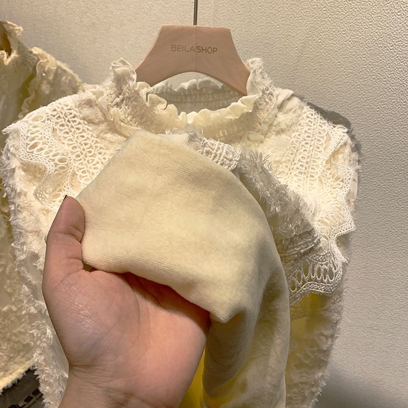 Damen Halbrollkragen Fleece-gefüttertes Dickes Langarm-Spitzenunterhemd