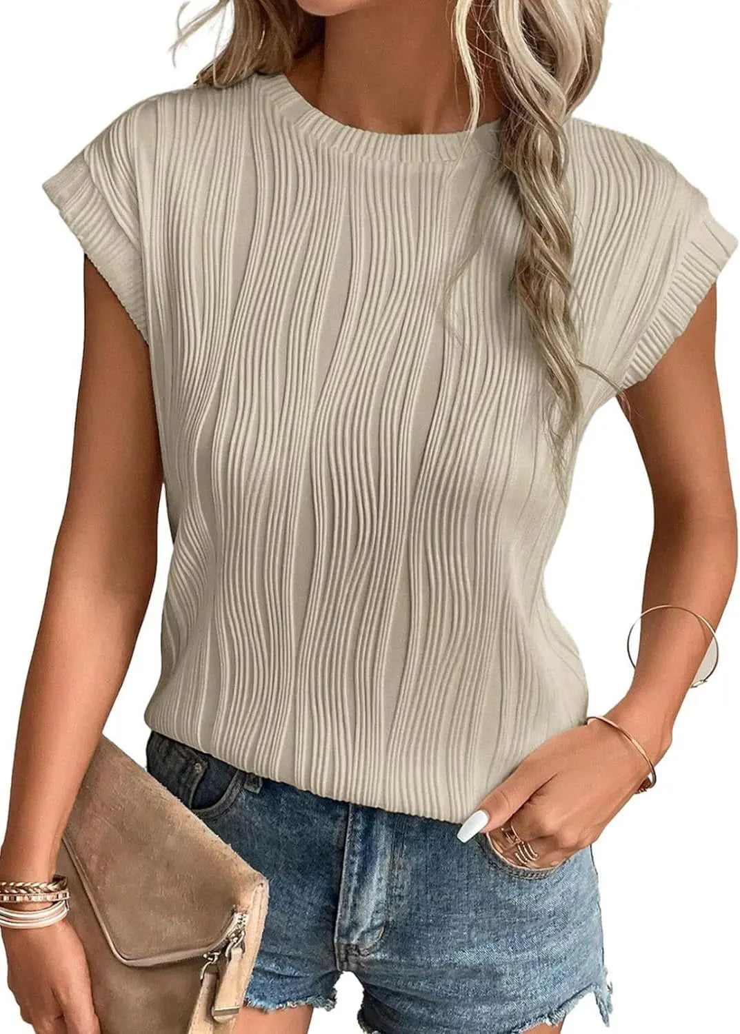Einfarbiges Sommer-T-Shirt für Damen mit Rundhalsausschnitt und superkurzen Ärmeln