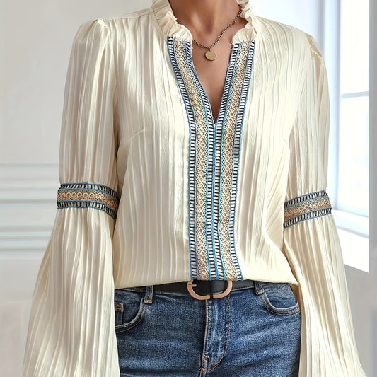 Schlichtes Spitzen-Patchwork-Shirt mit V-Ausschnitt