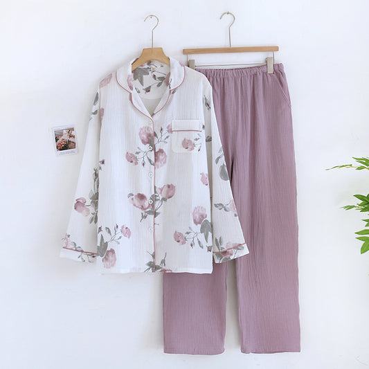 Damen Doppellagiger reiner Baumwollgaze Pastoral Pyjama-Heimanzug