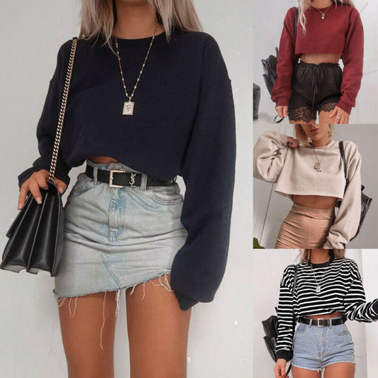Damen Langarm-Crop-Top-Shirts