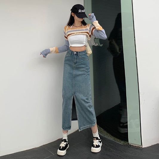 Denim Midi-Rock Damen Hohe Taille Locker Gespalten