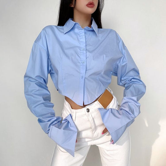 Kurzbluse für Damen mit modischem Design, Nischenkragen und langen Ärmeln