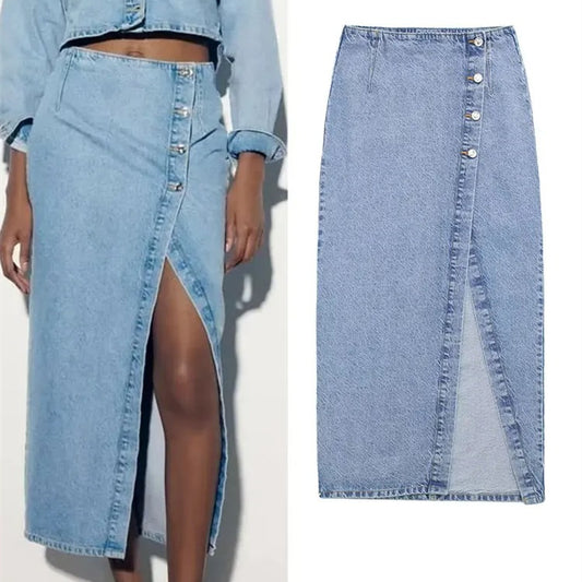 Hoch taillierter A-Linien-Schlitz-Denim-Rock für Damen