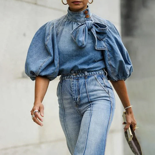 Damenmode Schnür-Denim-Top mit Rollkragen und Knopfleiste