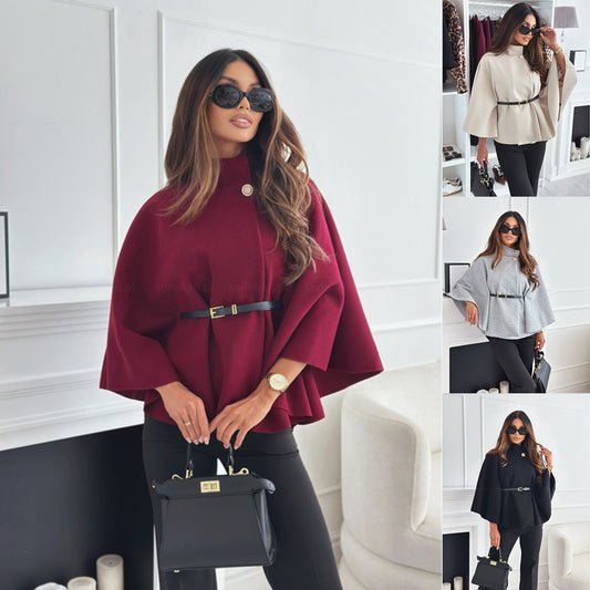 Damen Cape mit Stehkragen und Gürtel – Modischer Wollpullover-Stil - FashionGlam
