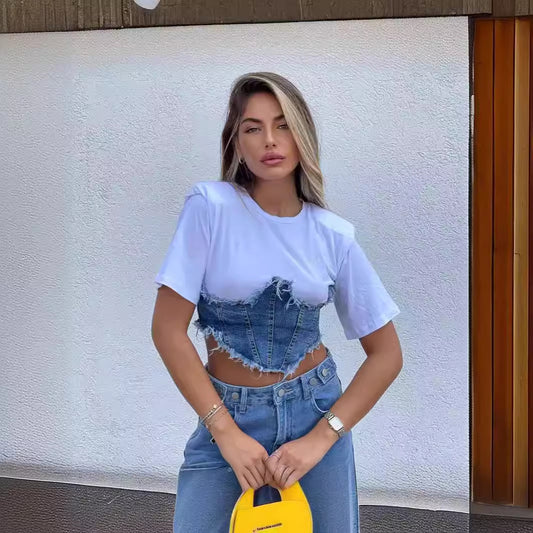 Jeans Bluse Frauen stehen -up -Kragen
Jeans Bluse Ladies mit Strassjeans Bluse Kurzarm Arm