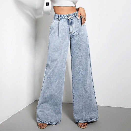 Damen Weite-Bein-Drapierte Lose Jeans