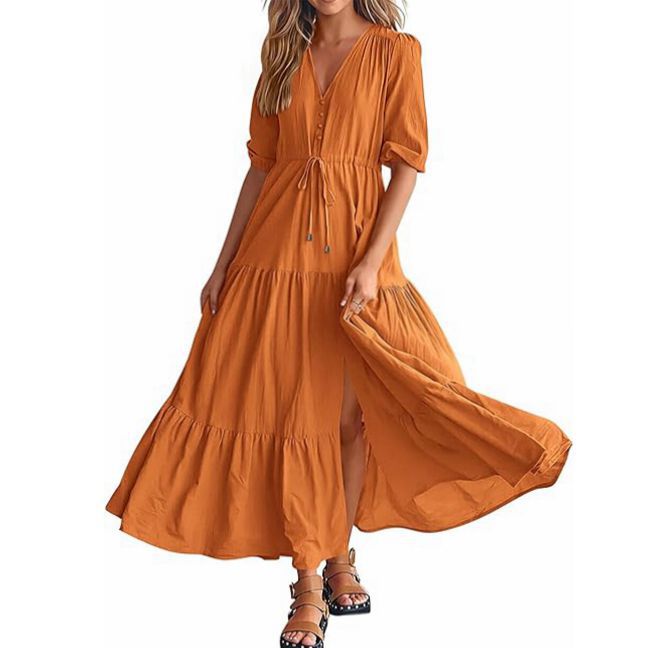 V-Ausschnitt-Knopfleiste Tunnelzug-Schlitzsaum am Saum Kurzarmkleid