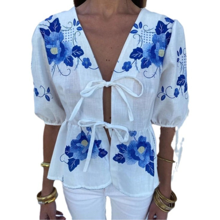 Kurzarm-V-Ausschnitt-Bluse mit Schnürung für Damen