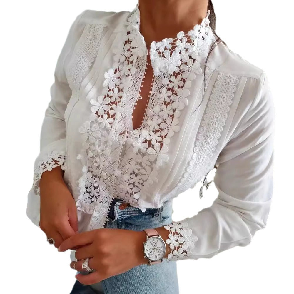 Damen Weißes Spitzenbluse mit Blumenmuster und Langarm