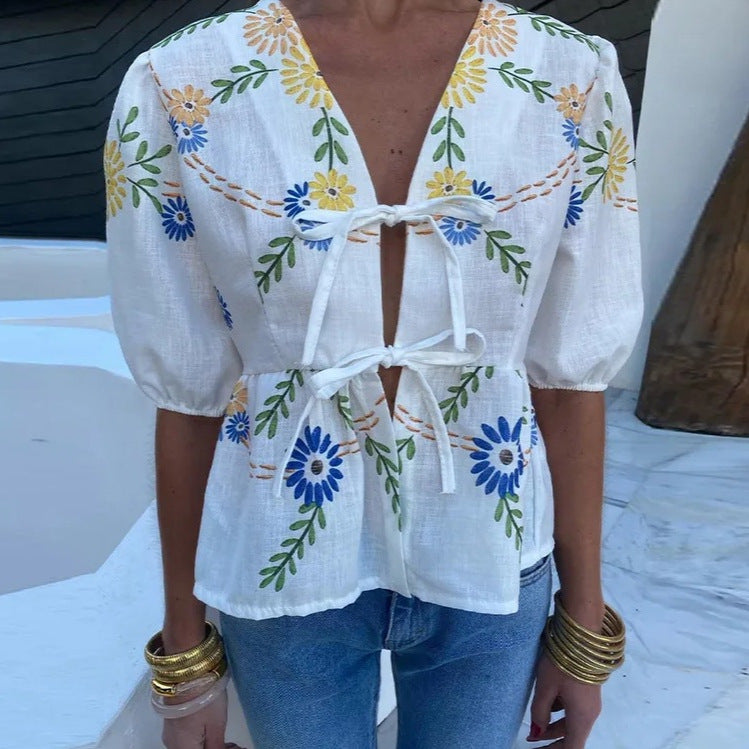 Kurzarm-V-Ausschnitt-Bluse mit Schnürung für Damen