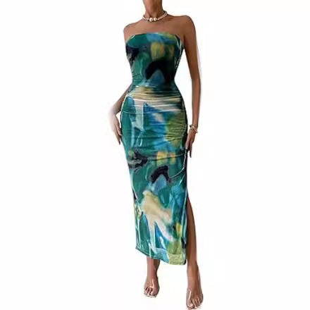 Damenkleid mit ärmellosem Print und Schlitzsaum am Saum