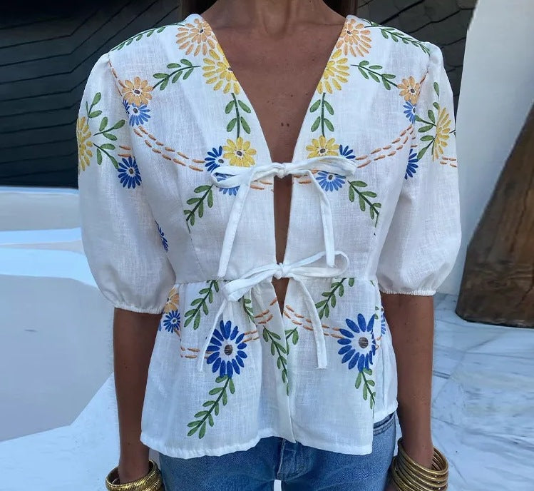 Kurzarm-V-Ausschnitt-Bluse mit Schnürung für Damen