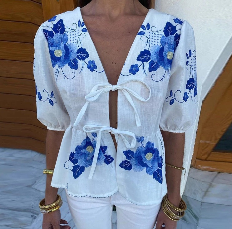 Kurzarm-V-Ausschnitt-Bluse mit Schnürung für Damen
