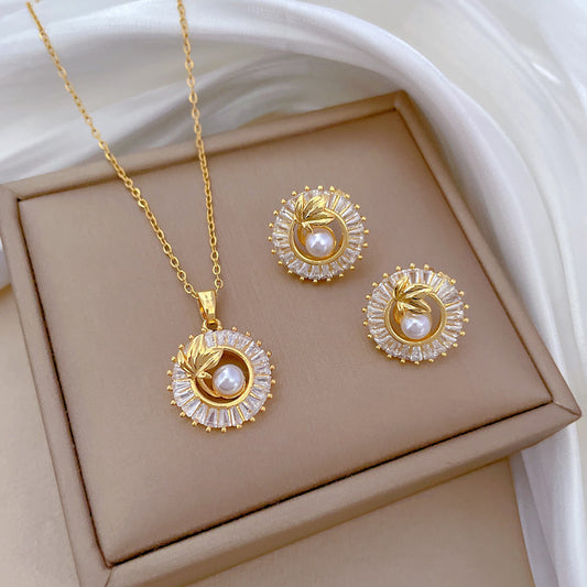 Quadrat-Diamant-Set Halskette & Ohrringe mit Blattmotiv