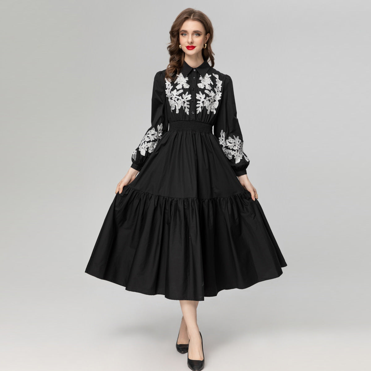 Baumwollstickerei Revers Elastische Taille Langarm Kleid