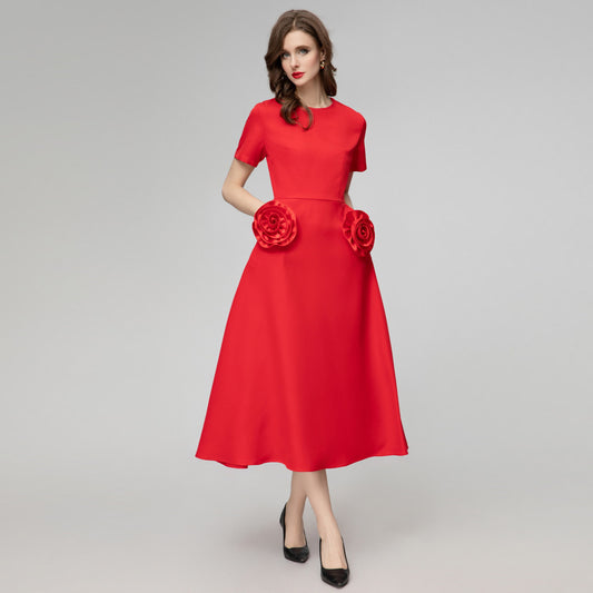Dreidimensionales Blumen Rundhals Kurzarm Französisches Kleid